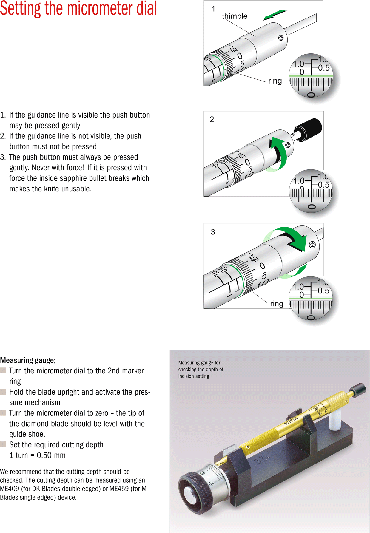 Setting the micrometer dial and handling instructions for the micrometer knives